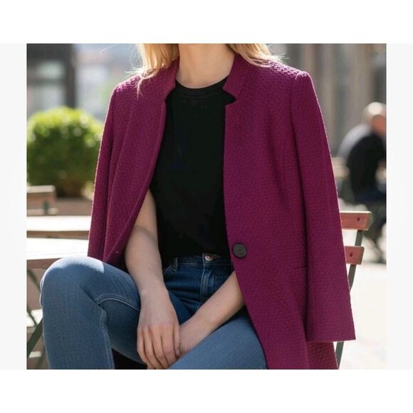 Misook Magenta Basketweave One Button Slit Cuff Jacket...